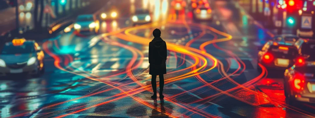 Individual standing in a busy urban intersection at night, surrounded by colorful car lights and reflections on wet pavement, symbolizing the complexities of navigating car accident situations and legal representation.