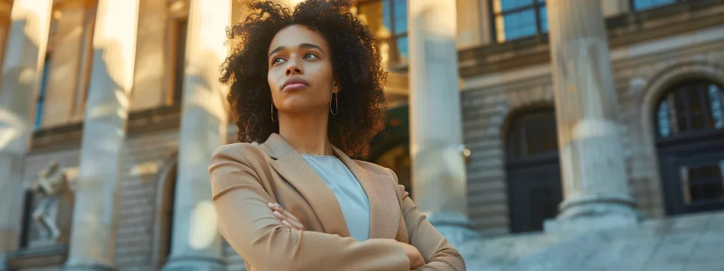 a thoughtful individual stands confidently in front of a courthouse, embodying empowerment and resilience after a car accident, with soft afternoon light illuminating the scene and emphasizing the importance of understanding legal rights and insurance policies.