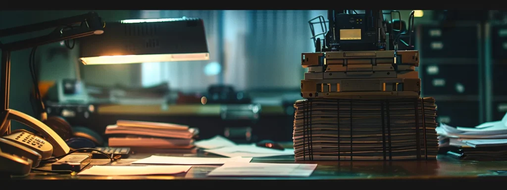 a towering stack of heavy machinery looms over an office desk cluttered with insurance paperwork, illuminated by harsh fluorescent lights that starkly highlight the contrast between risk and financial planning.