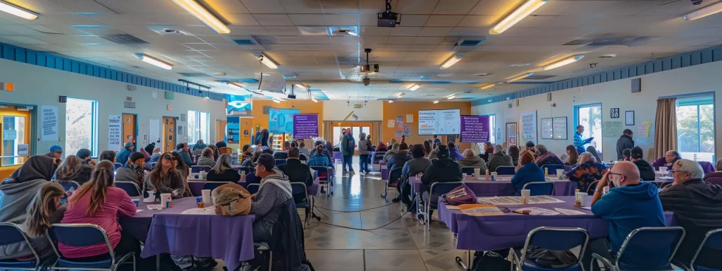 a vibrant community center filled with engaged individuals attending a workshop, surrounded by informational banners and resources about personal injury claims and recovery support.
