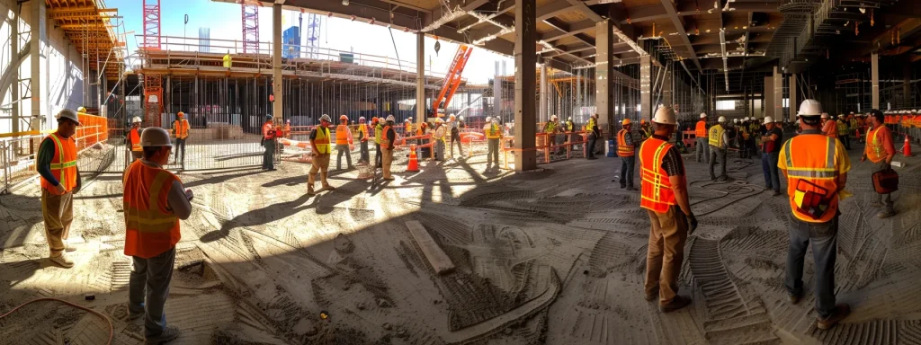 a vibrant construction site bustling with engaged workers actively discussing safety protocols under bright, natural light, conveying a strong culture of safety and teamwork.