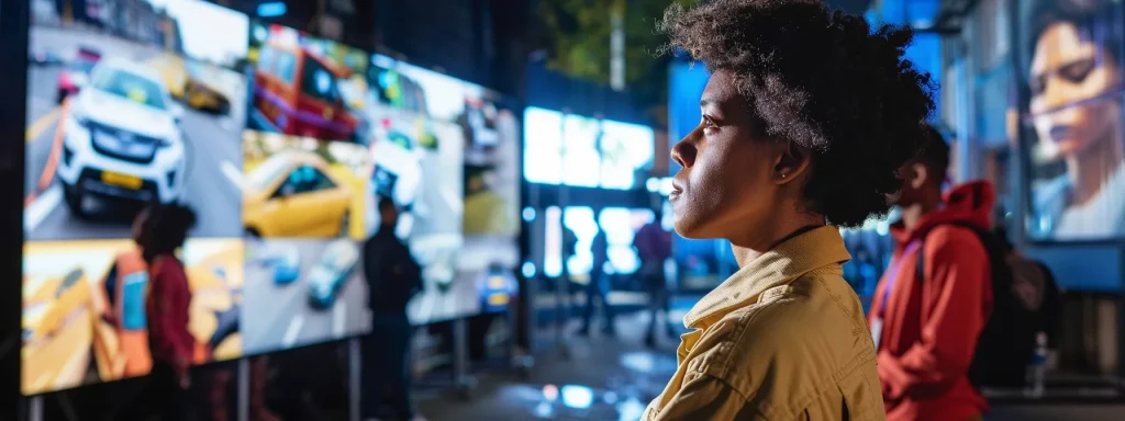 a vibrant scene captures a diverse group of drivers engaging in an educational outdoor workshop, surrounded by digital screens displaying safe driving apps and vivid banners promoting road safety awareness under bright, natural lighting.