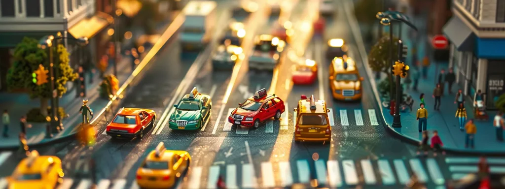 a vibrant scene captures a busy urban intersection where diverse vehicles and pedestrians navigate their daily routines, symbolizing the complexities and variations of car accident laws across different states.