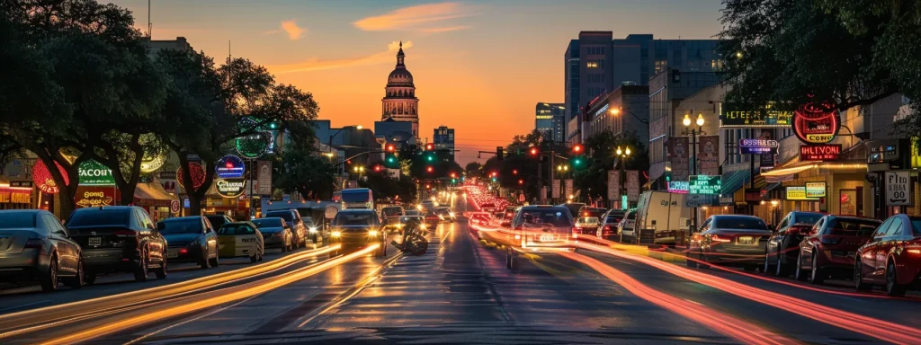 a vibrant scene capturing a bustling texas roadway at dusk, featuring a diverse array of vehicles, where clear signage emphasizes the importance of seat belt usage against a backdrop of advocacy banners promoting safety and compliance.