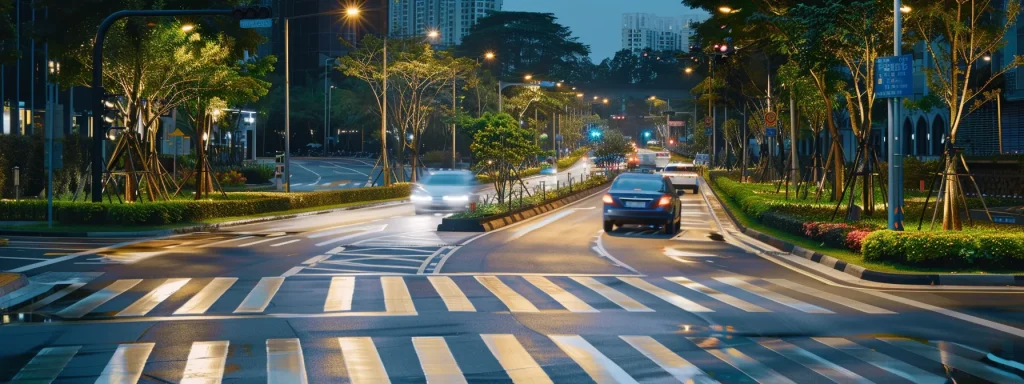 a vibrant urban crosswalk designed with pedestrian islands and lush greenery, illuminated by soft evening light, showcasing a safe and inviting space for pedestrians to navigate amidst gently flowing traffic.