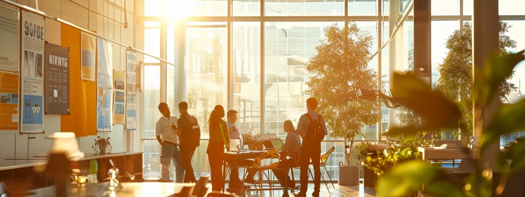 a vibrant workplace scene featuring engaged employees participating in a safety training session, set against a backdrop of safety posters and tools, illuminated by natural light filtering through large windows, exuding a culture of proactive safety and teamwork.