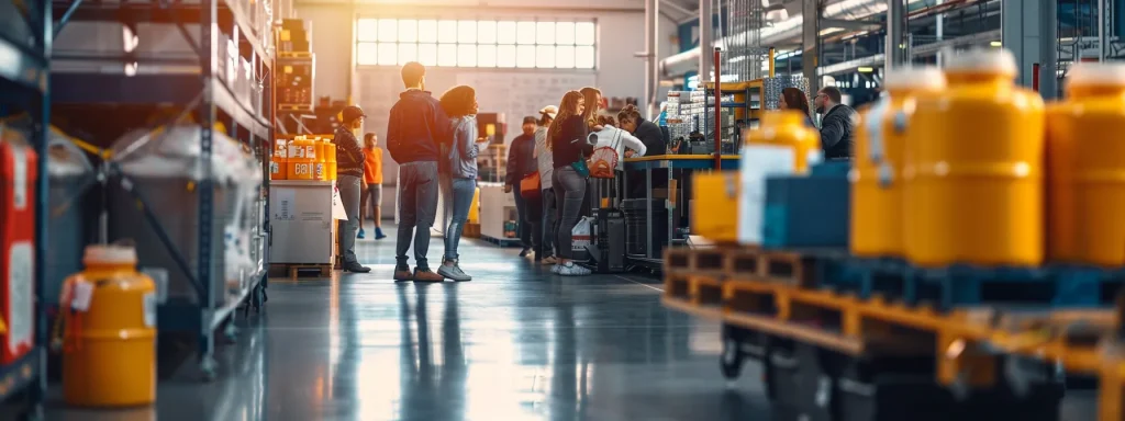 a vibrant workplace scene showcasing a diverse group of employees attentively participating in a safety training session, surrounded by clearly labeled hazardous materials and prominently displayed safety data sheets, all illuminated by natural light for a sense of openness and transparency.