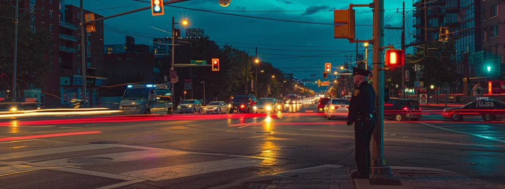 a vigilant police officer stands beside a busy intersection, illuminated by the warm glow of streetlights, actively engaging with drivers and promoting safe driving practices amidst a backdrop of bustling traffic.