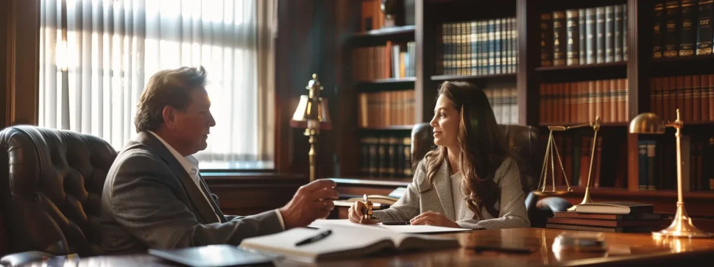 a visually impactful scene captures a serene office environment where a professional attorney engages in a thoughtful conversation with a satisfied client, surrounded by warm lighting and a backdrop of legal bookshelves, symbolizing trust and clear communication in the pursuit of justice for accident-related cases.