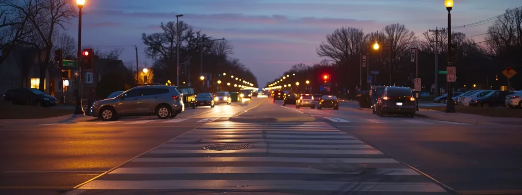 a vivid urban crosswalk scene at dusk, illuminated by streetlights, showcasing attentive drivers yielding respectfully to pedestrians crossing safely, embodying the essence of pedestrian safety awareness.