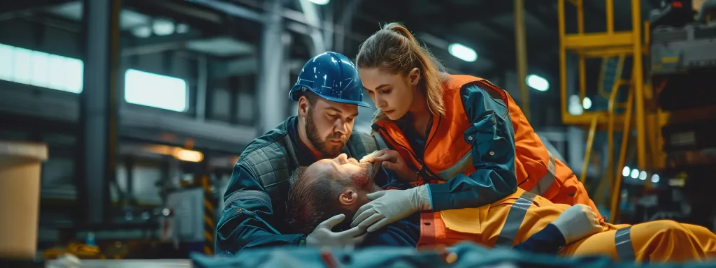 a vivid workplace scene capturing a safety officer skillfully administering first aid to a colleague with a machinery-related injury, set against a backdrop of industrial equipment, illuminated by soft, natural light to emphasize the urgency and compassion of the moment.
