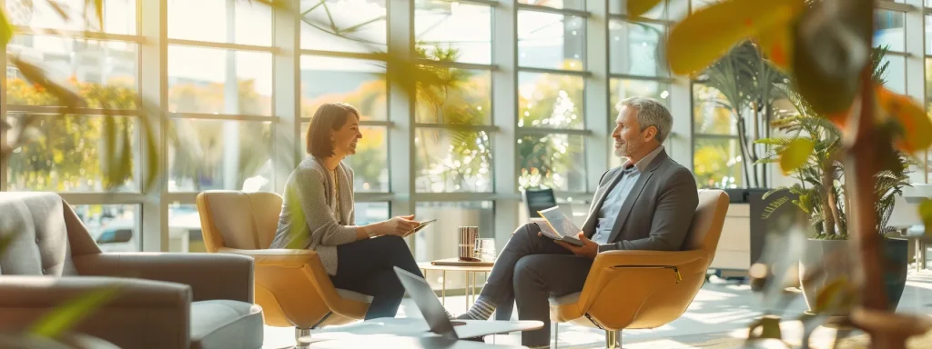 a warm and inviting office space showcases a local attorney engaged in a confident conversation with a client, emphasizing open communication and personalized support during the injury claim process, illuminated by soft, natural light filtering through large windows.