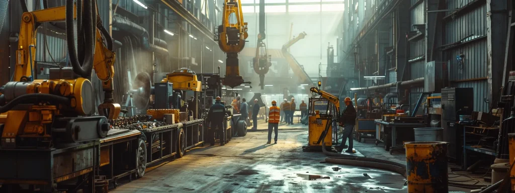 a well-maintained industrial workspace showcases a diverse group of workers engaged in machinery operation, highlighting the importance of safety training and personal protective equipment in a vibrant, well-lit environment.