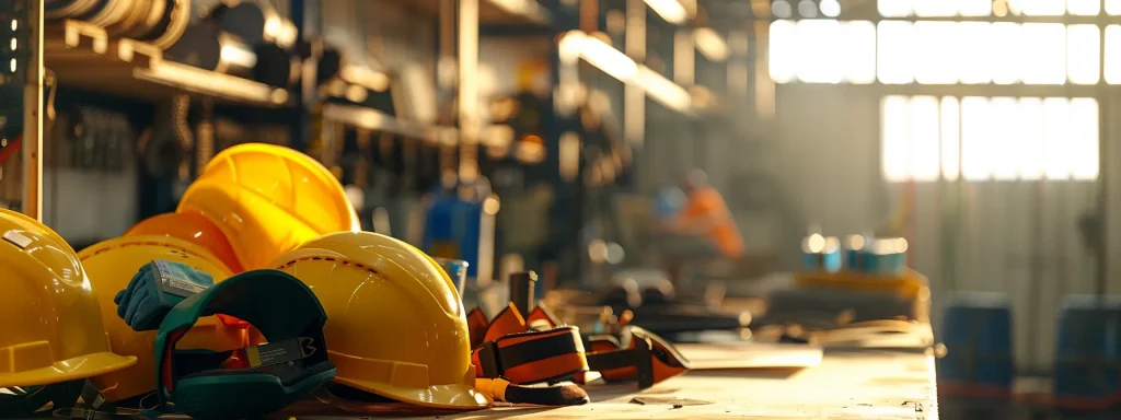 a well-equipped workplace showcases diverse personal protective equipment (ppe) prominently displayed in an organized manner, highlighting safety protocols while enveloped in warm, natural lighting that emphasizes a commitment to osha regulations.