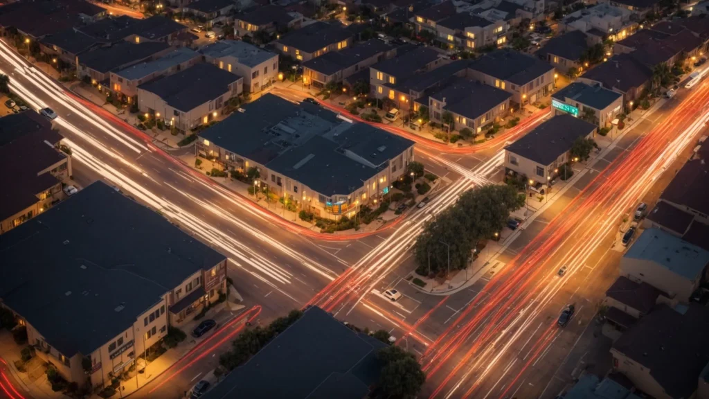 a bustling california intersection at dusk, showcasing vibrant traffic with illuminated street signs and cars adhering to speed limits, emphasizing the critical importance of road safety and regulation compliance.