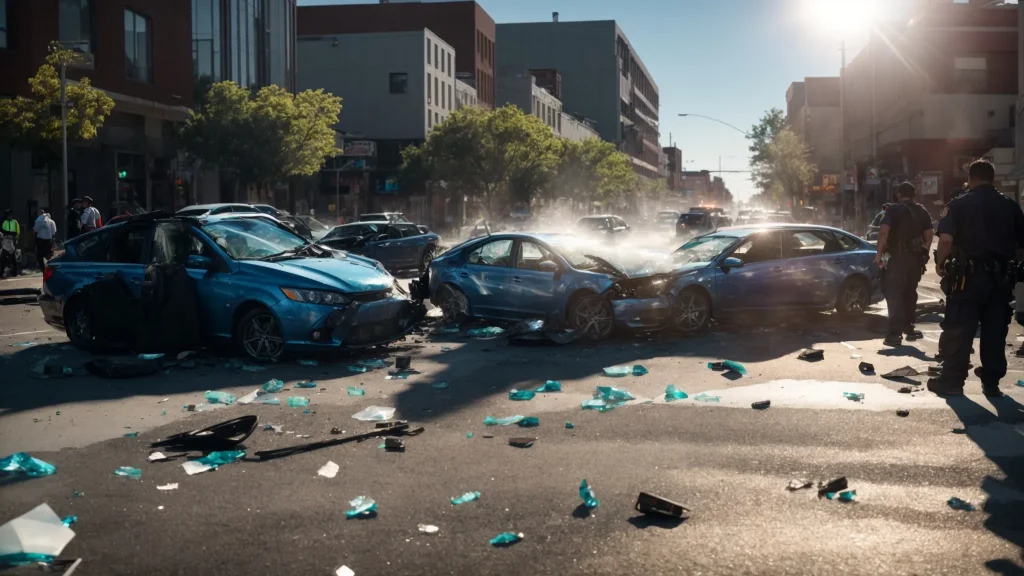 a clear and dramatic scene captures a car accident aftermath on a busy urban street, with shattered glass glinting in the sunlight, vehicles at odd angles, and emergency responders gathering evidence under a bright blue sky.
