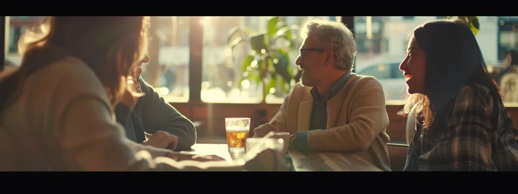 a close-up of a diverse group of individuals engaged in a heartfelt conversation at a cozy caf&eacute;, with warm natural light filtering through the windows, symbolizing the sharing of personal referrals for trustworthy car accident attorneys.