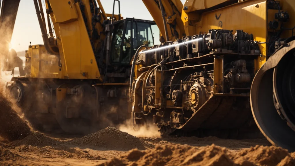 a close-up of a bulldozer engine, glistening under bright sunlight, symbolizing the complexities and risks of workplace machinery, with dust particles floating in the air, reflecting the theme of worker safety and compensation.