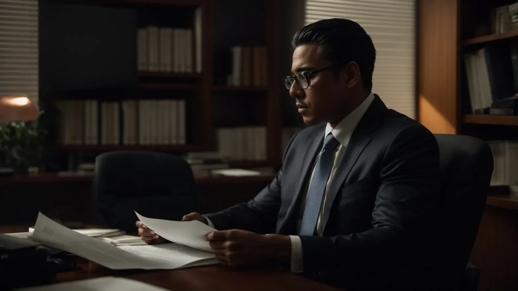 a concerned client sits in a dimly lit office, surrounded by scattered legal documents, their expression reflecting frustration as they contemplate changing attorneys amidst a backdrop of uncertainty.