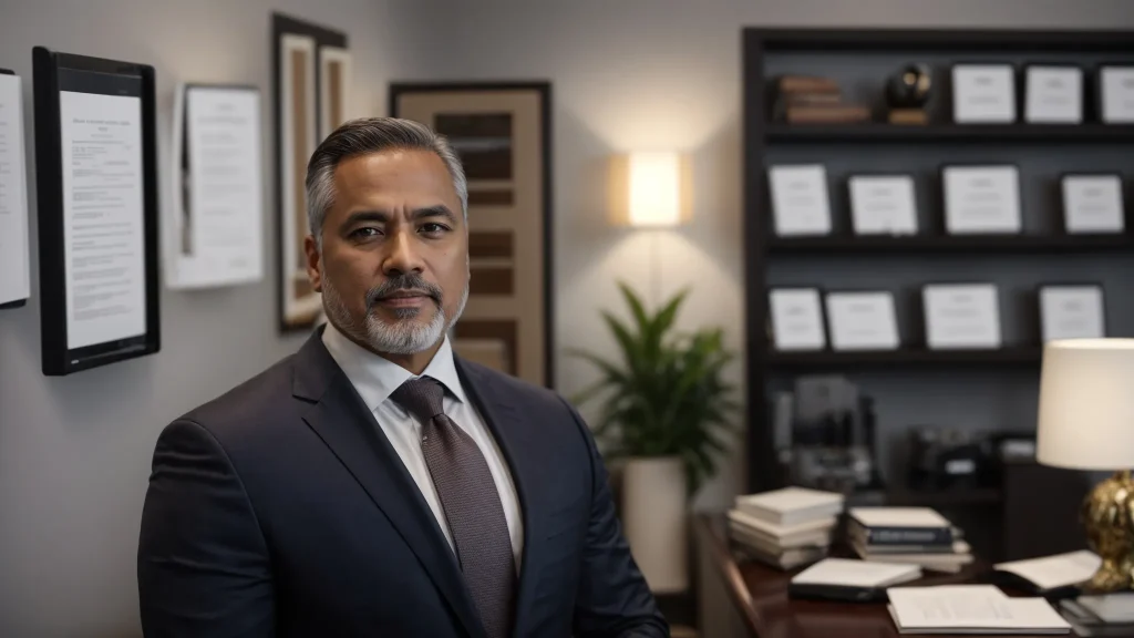 a confident and approachable car accident attorney stands in a well-lit office, surrounded by awards and client testimonials, exuding professionalism and trustworthiness while emphasizing their dedication to client advocacy.