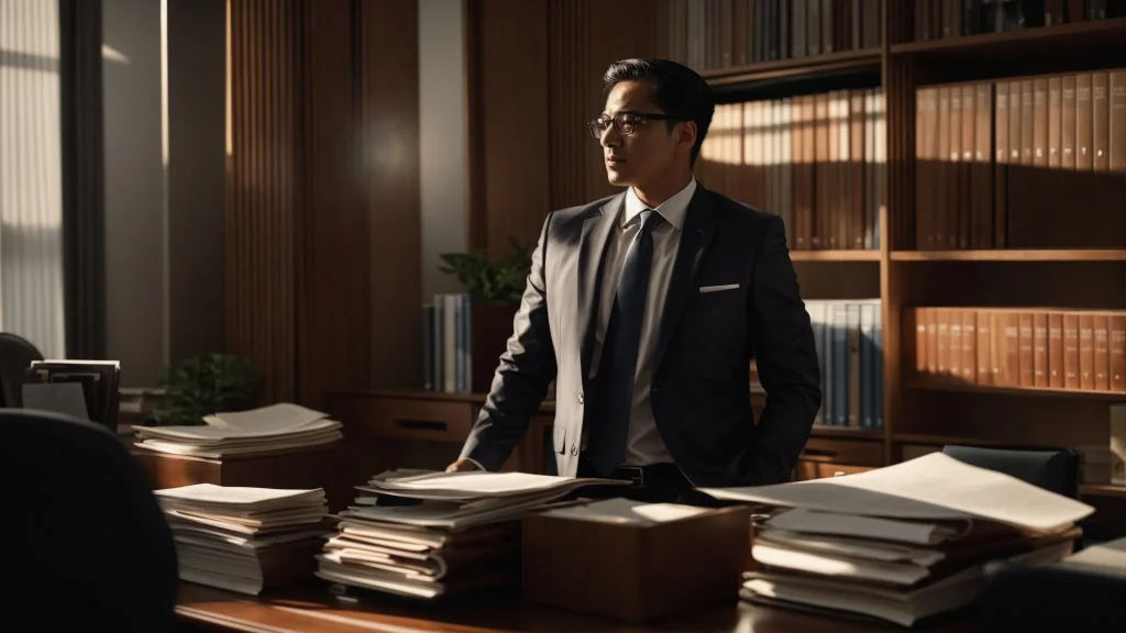 a confident attorney stands in a sunlit office, surrounded by documents and case files, strategically analyzing an insurance policy while preparing a compelling case to maximize clients' claims.