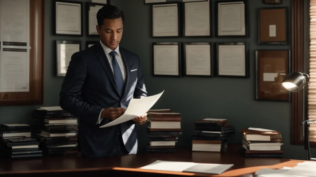 a confident attorney stands in a sunlit office, surrounded by framed accolades and awards, thoughtfully reviewing a stack of successful case files, embodying professionalism and the weight of experience in advocacy.