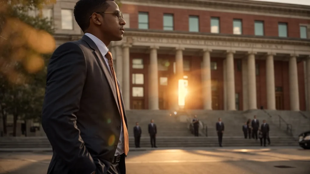a confident attorney stands proudly amidst a backdrop of a bustling courthouse, symbolizing the triumph of justice in motor vehicle accident cases with a radiant sunset casting a golden glow over the scene.
