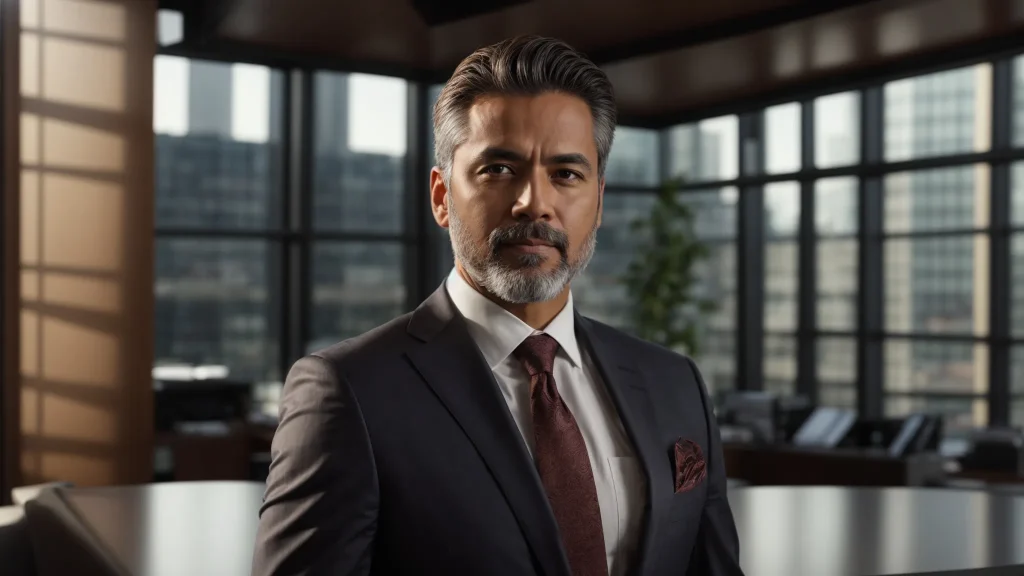 a confident auto crash attorney stands in a modern office filled with legal books and accolades, illuminated by soft natural light filtering through large windows, symbolizing expertise and trust in navigating complex accident cases.