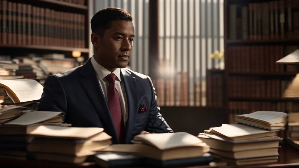 a confident auto crash attorney stands in a sunlit law office, surrounded by legal books and documents, symbolizing justice and community support for accident victims.