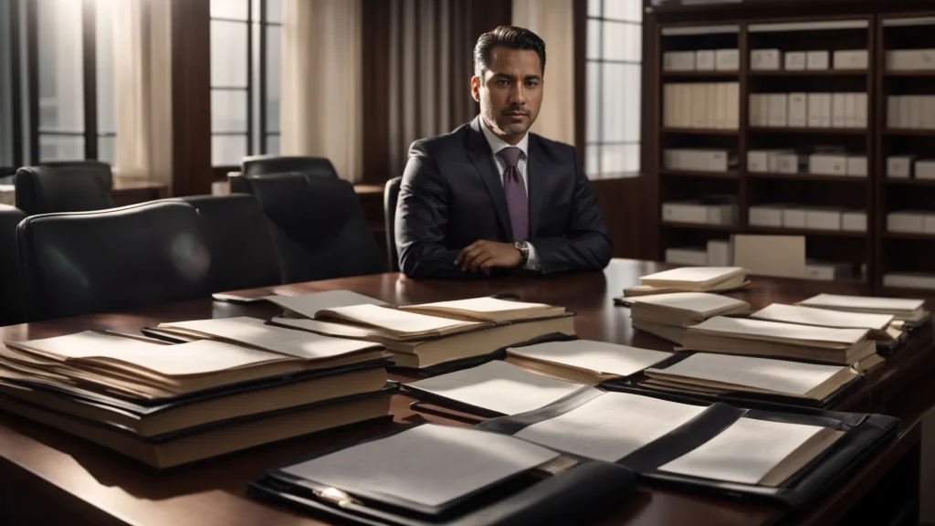 a confident car accident attorney stands in a well-lit office surrounded by accolades and case files, symbolizing expertise and a proven track record in securing justice for clients.