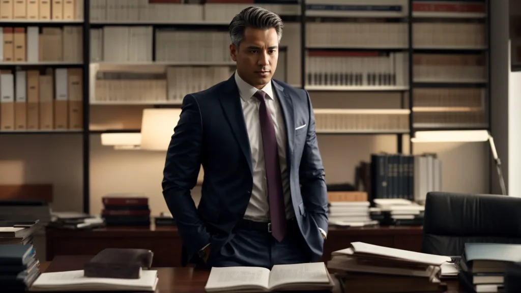 a confident car accident attorney stands in a well-lit, professional office, surrounded by legal books and case files, exuding trust and expertise while engaging with a client over a serious discussion about their injury claim.