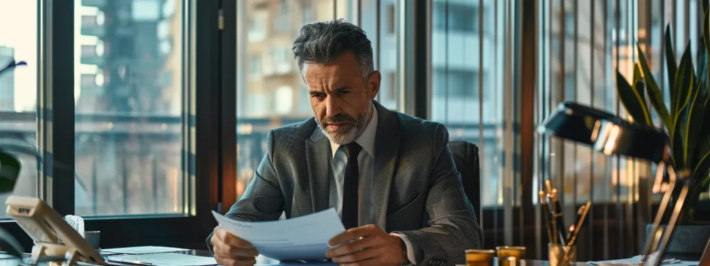 a confident car accident lawyer in a sleek office setting reviews case files, illuminated by soft, natural light filtering through large windows, symbolizing trust and expertise in personal injury law.