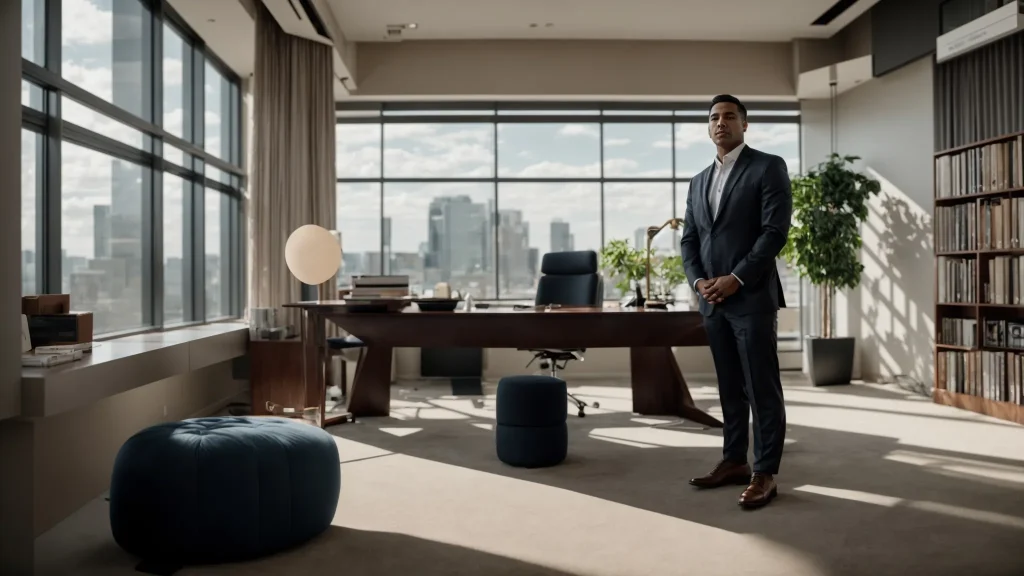 a confident car accident lawyer stands in a sleek office, surrounded by awards and certifications, confidently engaging with a potential client, illuminated by soft, natural light streaming through large windows.