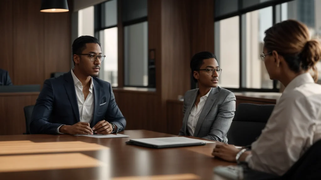 a confident client and a focused attorney engage in a detailed discussion inside a modern, well-lit office, emphasizing the importance of collaboration in navigating machinery injury claims.