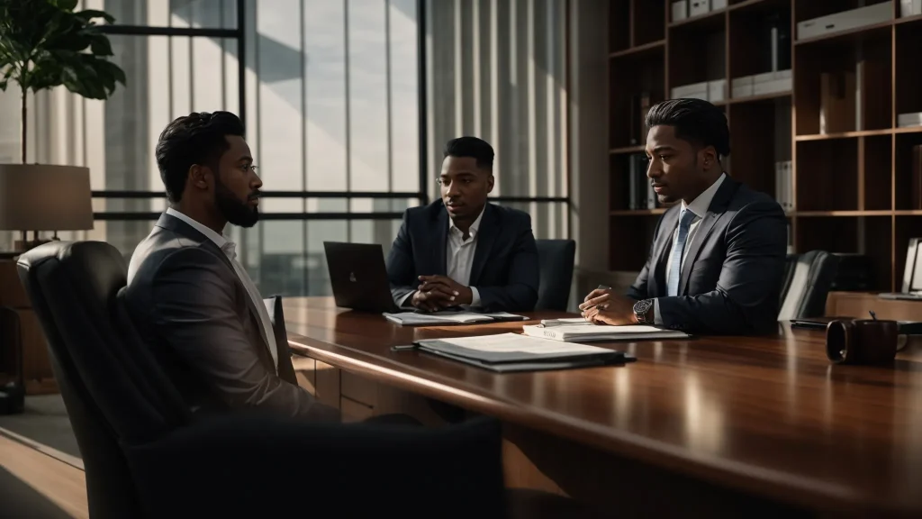 a confident client sits across from a knowledgeable attorney in a well-lit office, engaging in an insightful discussion about payment structures and fees related to personal injury claims, with charts and documents illustrating contingency and hourly fee comparisons prominently displayed.