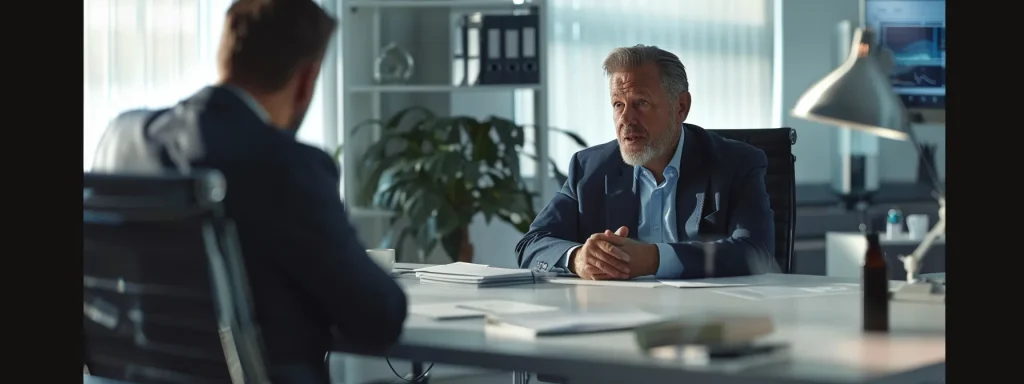 a confident client sits at a sleek, modern desk in a brightly lit office, engaged in an animated conversation with a professional lawyer, symbolizing clarity and open communication during the complexities of a car accident case.