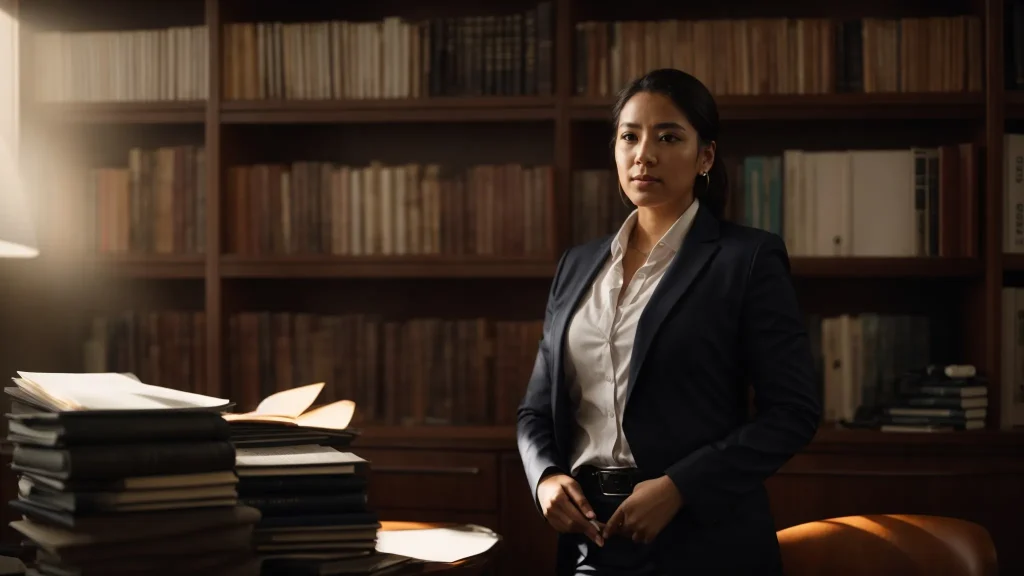 a confident crash attorney stands in a sunlit office, surrounded by law books and case files, conveying a sense of empowerment and trust to clients seeking clarity about their legal journey after an accident.