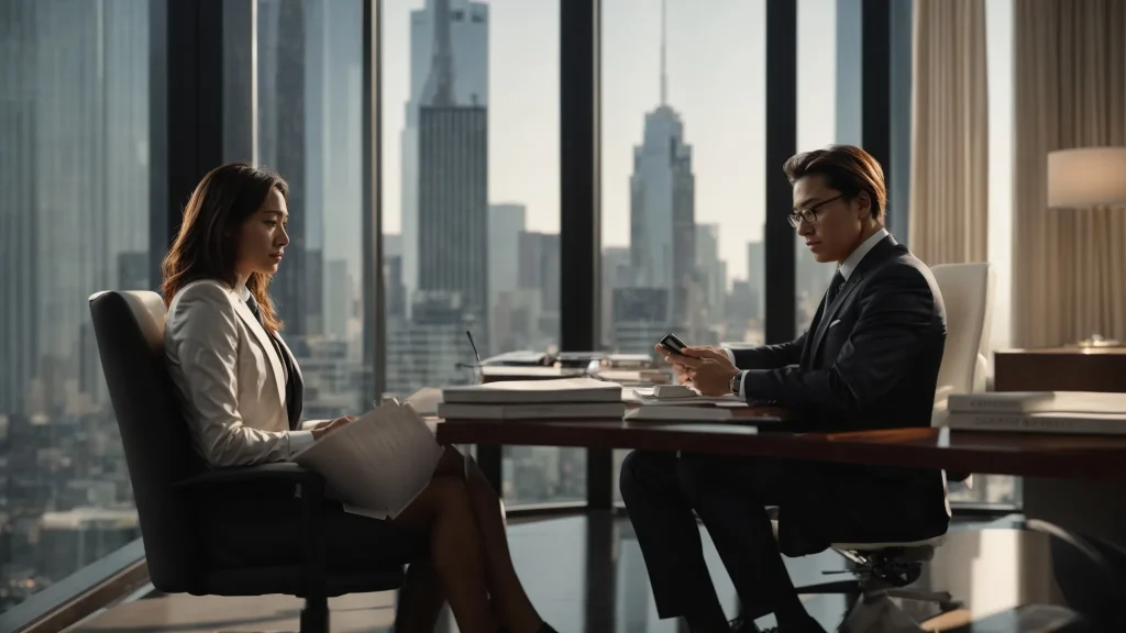 a confident crash lawyer sits at a sleek, modern desk, attentively discussing legal strategy with a concerned client in a well-lit office, evoking trust and professionalism amidst a backdrop of law books and a city skyline.