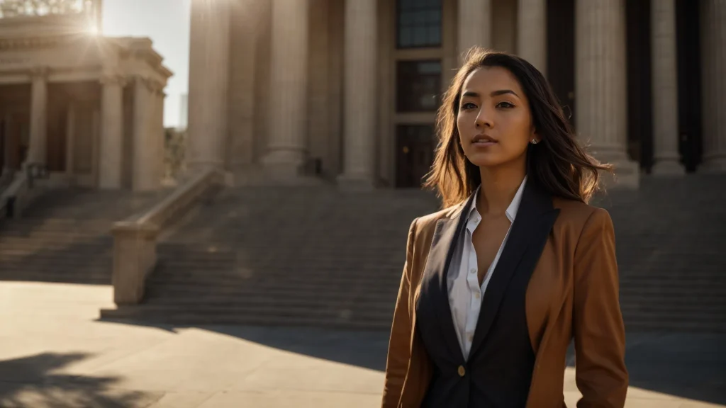 a confident defense attorney stands in front of a bustling courthouse, passionately discussing rights and legal strategies with clients, with the imposing architecture casting dramatic shadows under a bright midday sun.