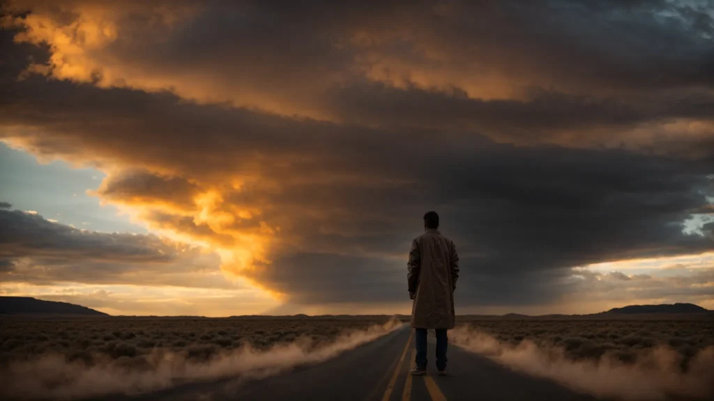 a confident individual stands at a crossroads, illuminated by the golden glow of sunset, contemplating the decision to seek legal guidance amid a backdrop of swirling, ominous clouds symbolizing the complexities of an insurance claim.