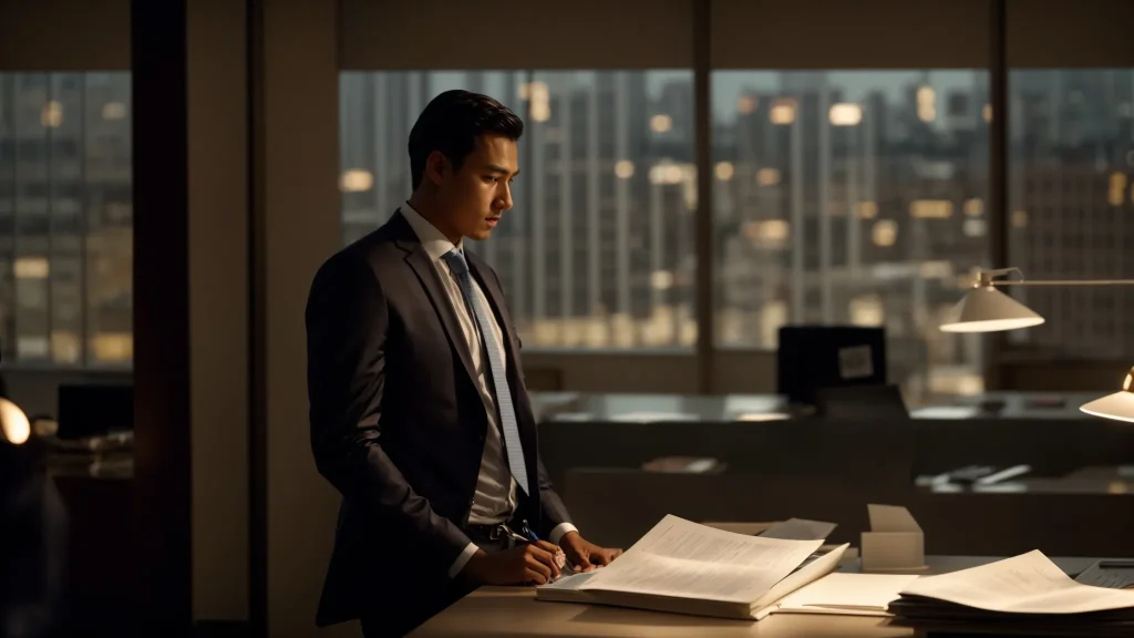 a confident individual stands at a desk, engaging in a focused conversation with a well-dressed insurance adjuster, surrounded by clear files and documents, under warm, inviting office lighting that highlights the importance of effective communication.