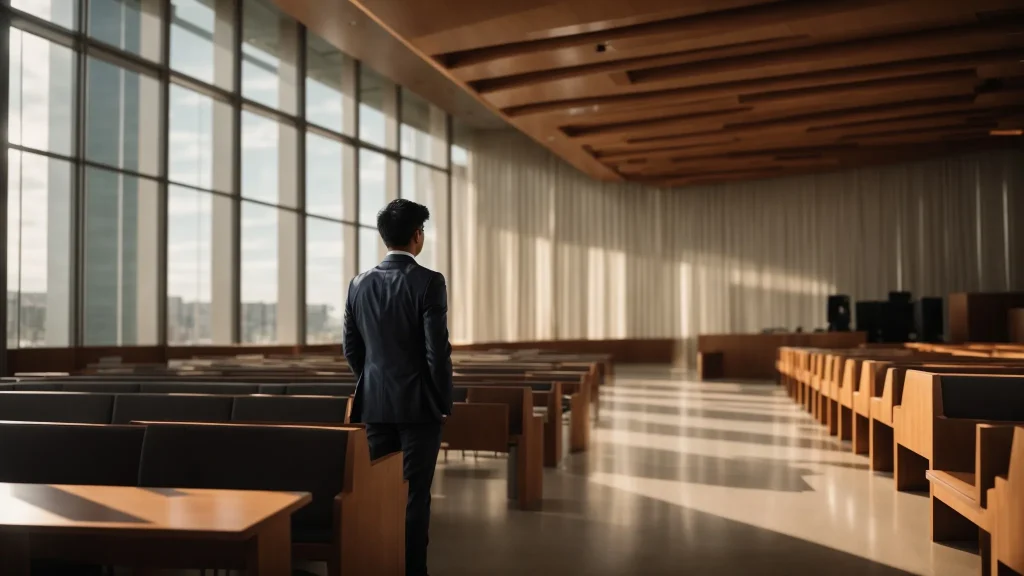 a confident individual stands before a modern courtroom, clutching a neatly organized folder of documents, as soft natural light streams through tall windows, highlighting the anticipation and gravity of their traffic violation case.