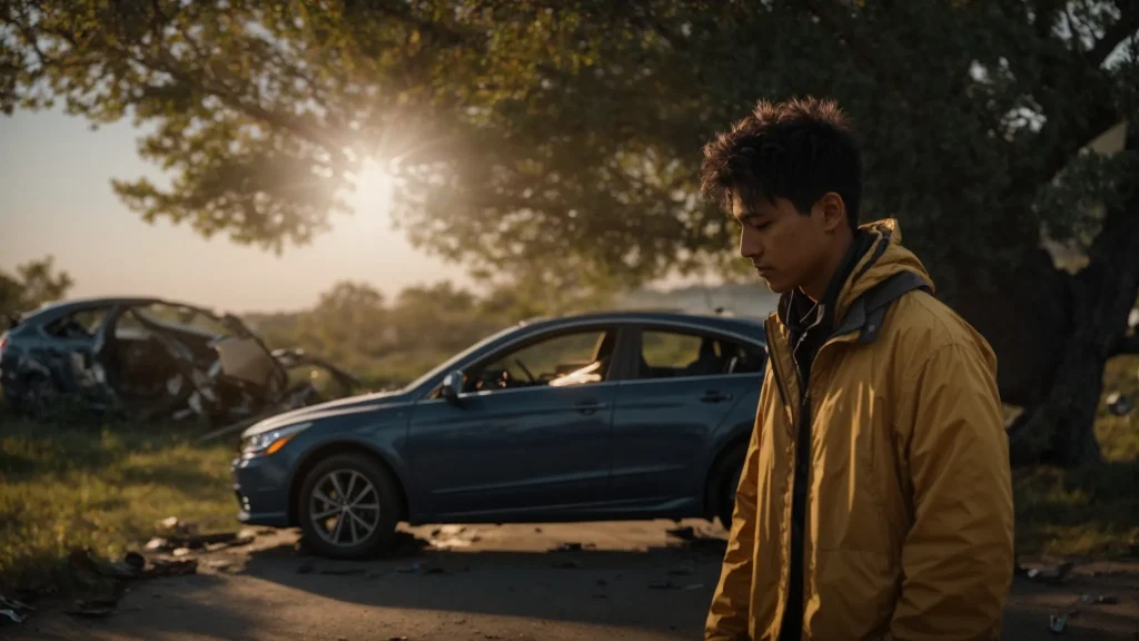 a confident individual stands beside a damaged car under a sunlit sky, engaging with an empathetic insurance adjuster, symbolizing the careful navigation of the claims process in the aftermath of an accident.
