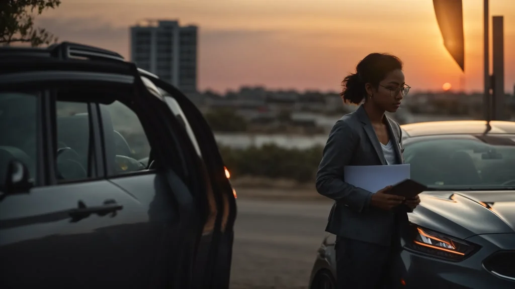a confident individual stands beside a car, surrounded by insightful documents and a laptop, against a vibrant sunset, illustrating the empowerment of navigating the car insurance claim process.
