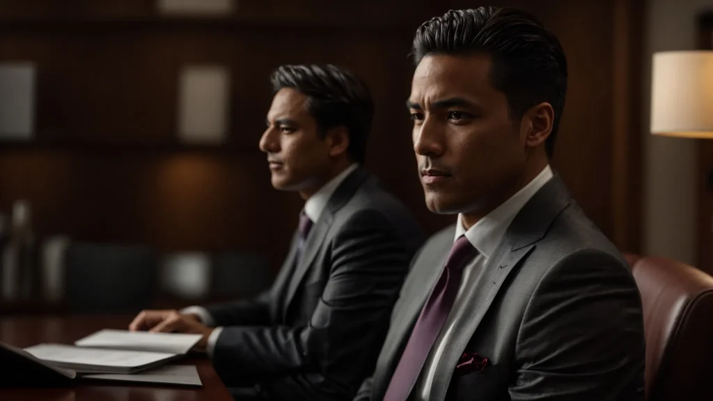 a confident lawyer engages in a thoughtful discussion with a concerned client in a warmly lit office, emphasizing the importance of communication and rapport during a critical legal consultation.