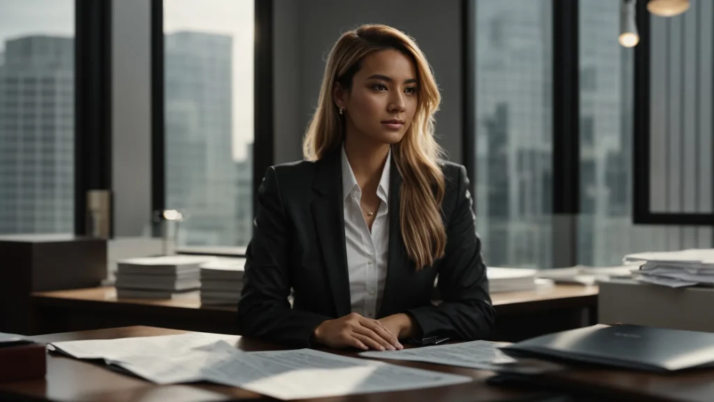 a confident legal professional, surrounded by case files and insurance documents in a well-lit office, conveys the strategic expertise essential for navigating complex insurance claims with clarity and assurance.