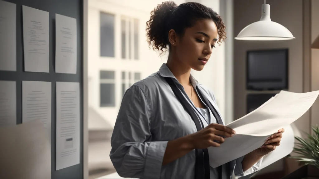 a confident policyholder stands in a well-lit office, reviewing important documents while surrounded by symbols of secure insurance resolutions, conveying empowerment and clarity in the car insurance claims process.