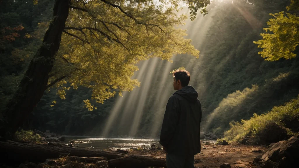 a contemplative individual stands at the edge of a serene accident scene, pondering the complexities of valuing claims against a backdrop of untarnished nature, with soft sunlight filtering through the trees, symbolizing clarity amid chaos.