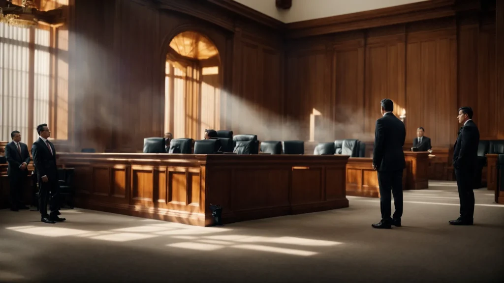 a courtroom scene in indiana captures a tense moment of a car accident litigation process, with dramatic lighting highlighting the focused expressions of attorneys and a judge, symbolizing the pursuit of justice and fair compensation.