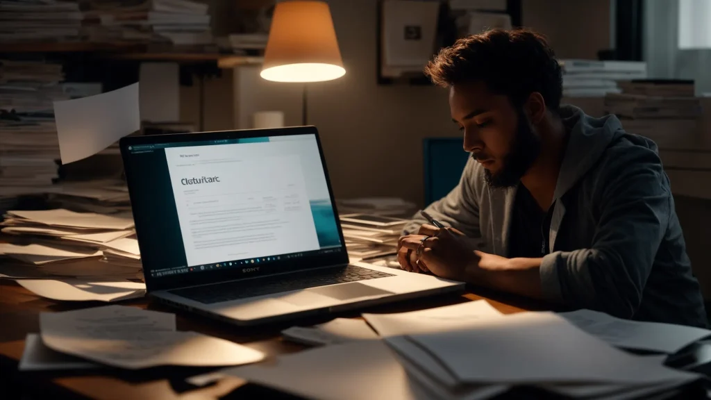 a determined accident victim, surrounded by paperwork and a laptop, sits at a cluttered desk in a dimly lit room, reflecting the weight of navigating insurance claim delays while seeking a swift resolution.